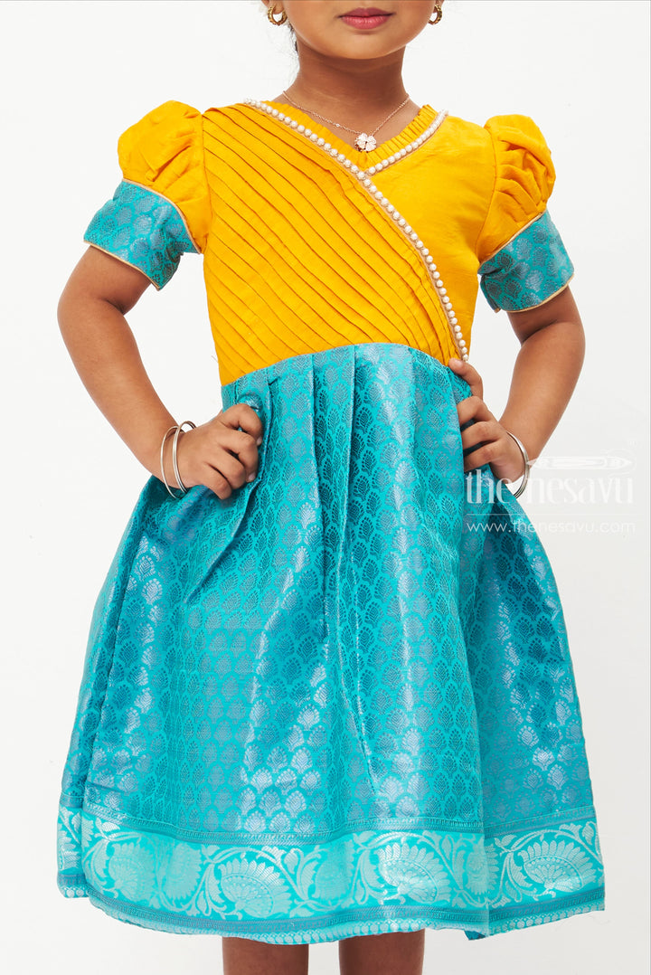 ABR.Vibrant Yellow and Blue Silk Frock for Girls with Pleated Bodice and Puff Sleeves