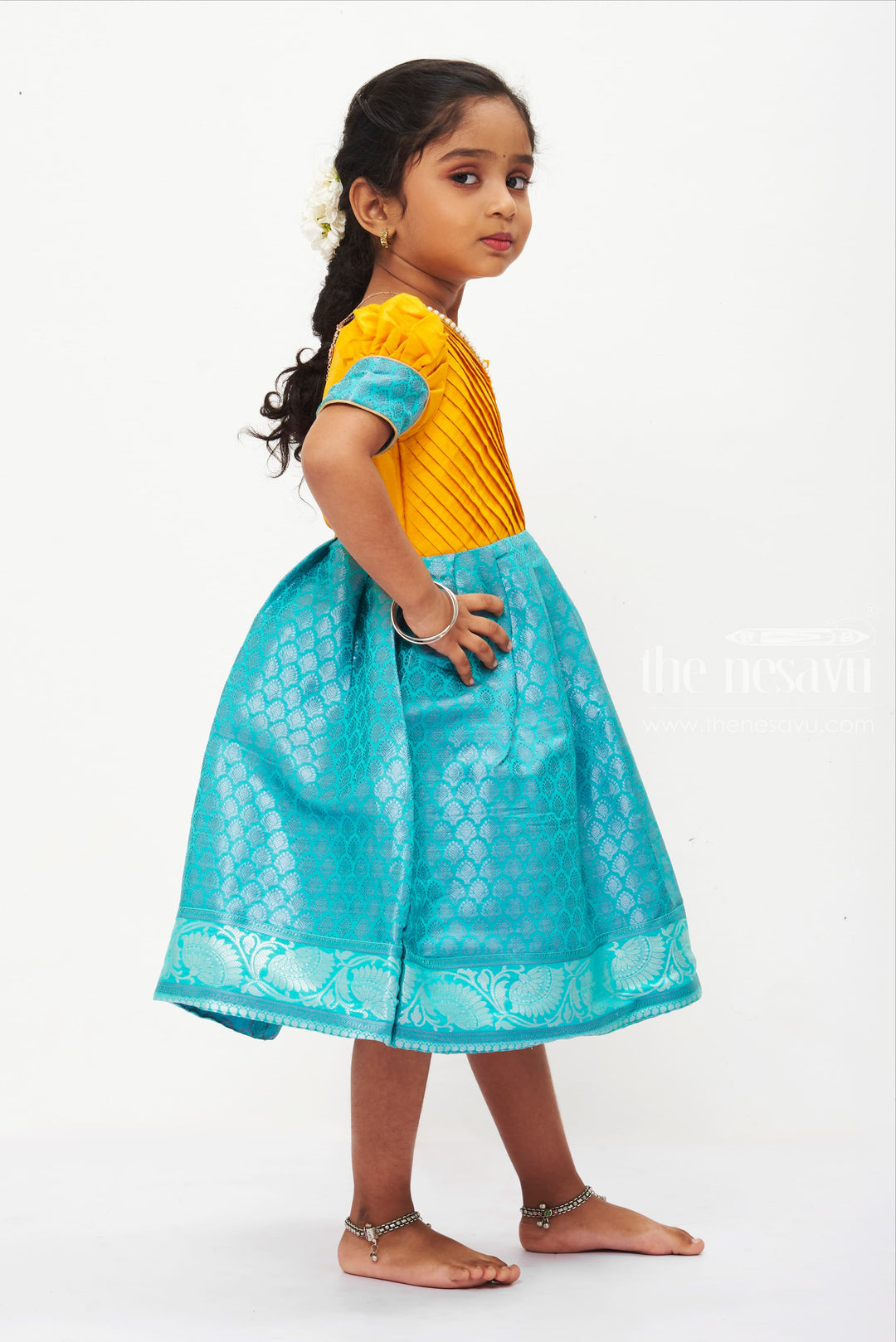 ABR.Vibrant Yellow and Blue Silk Frock for Girls with Pleated Bodice and Puff Sleeves