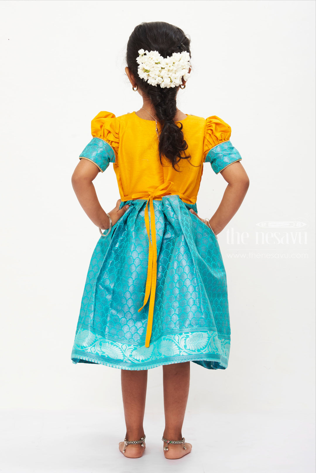 ABR.Vibrant Yellow and Blue Silk Frock for Girls with Pleated Bodice and Puff Sleeves