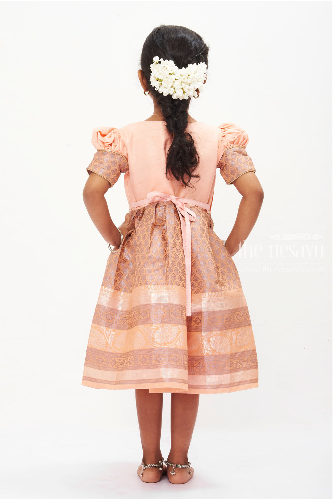 Peach Blossom Silk Frock with Traditional Banarasi Border for Girls