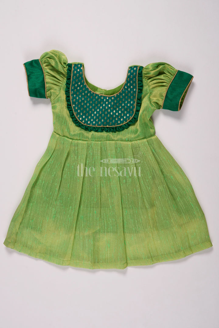 Traditional Light Green and Navy Pattu Long Frocks Designs for Girls in Silver Tissue