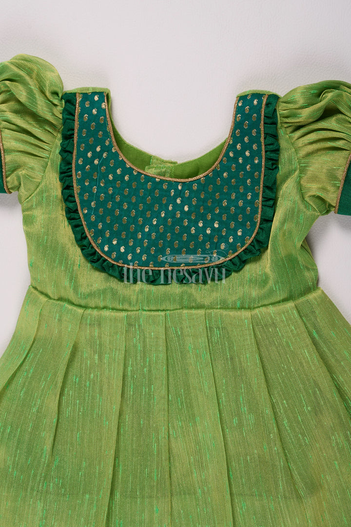 Traditional Light Green and Navy Pattu Long Frocks Designs for Girls in Silver Tissue