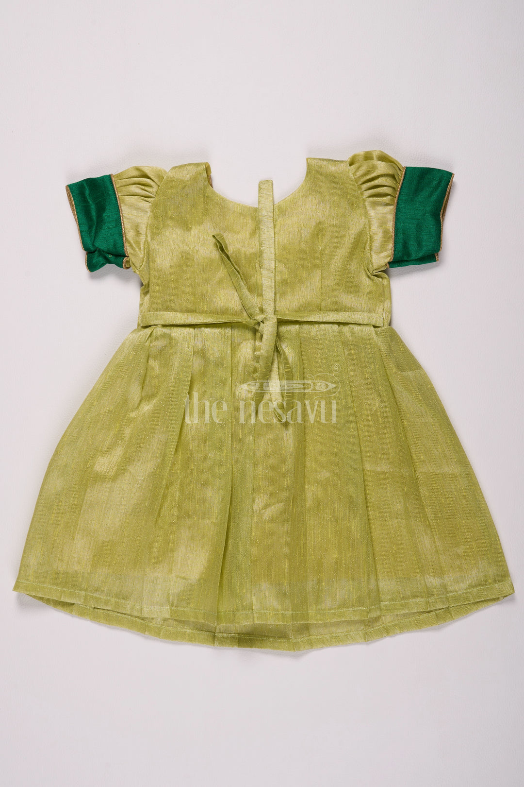 Elegant Light Green Frock Pattu for Girls with Silver Tissue and Golden Yoke