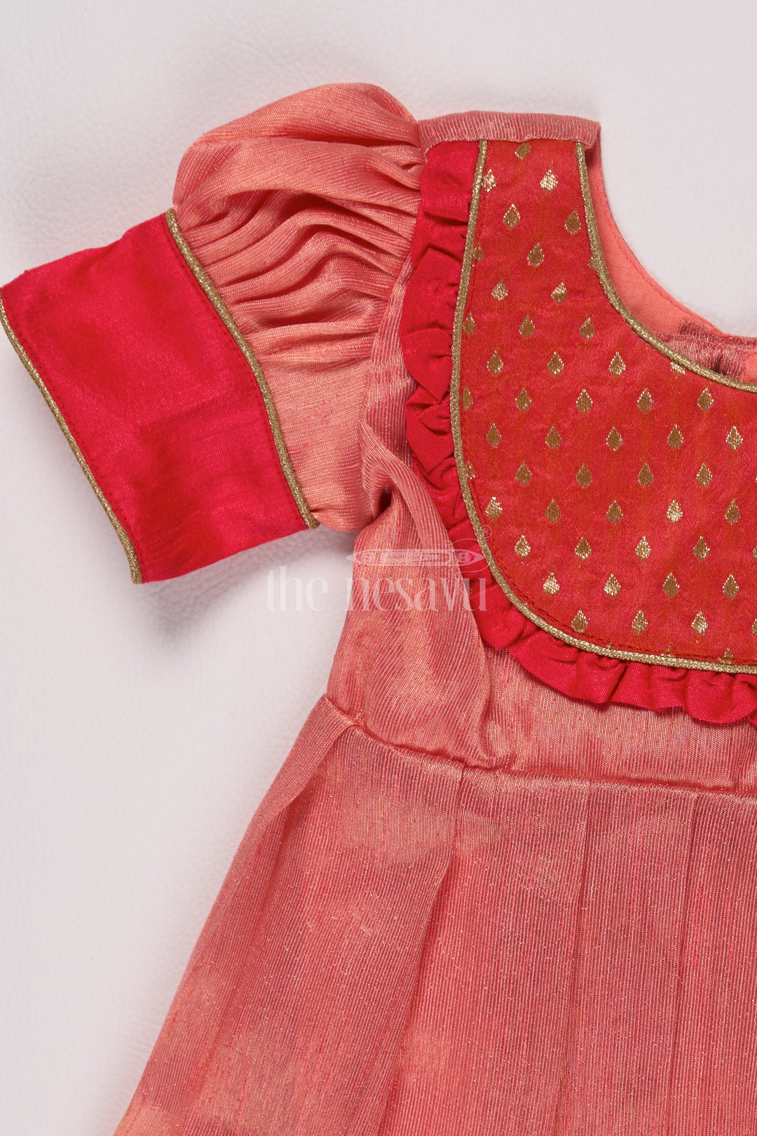 Radiant Pink Silk Saree Frock for Girls with Golden Yoke and Silver Tissue Design