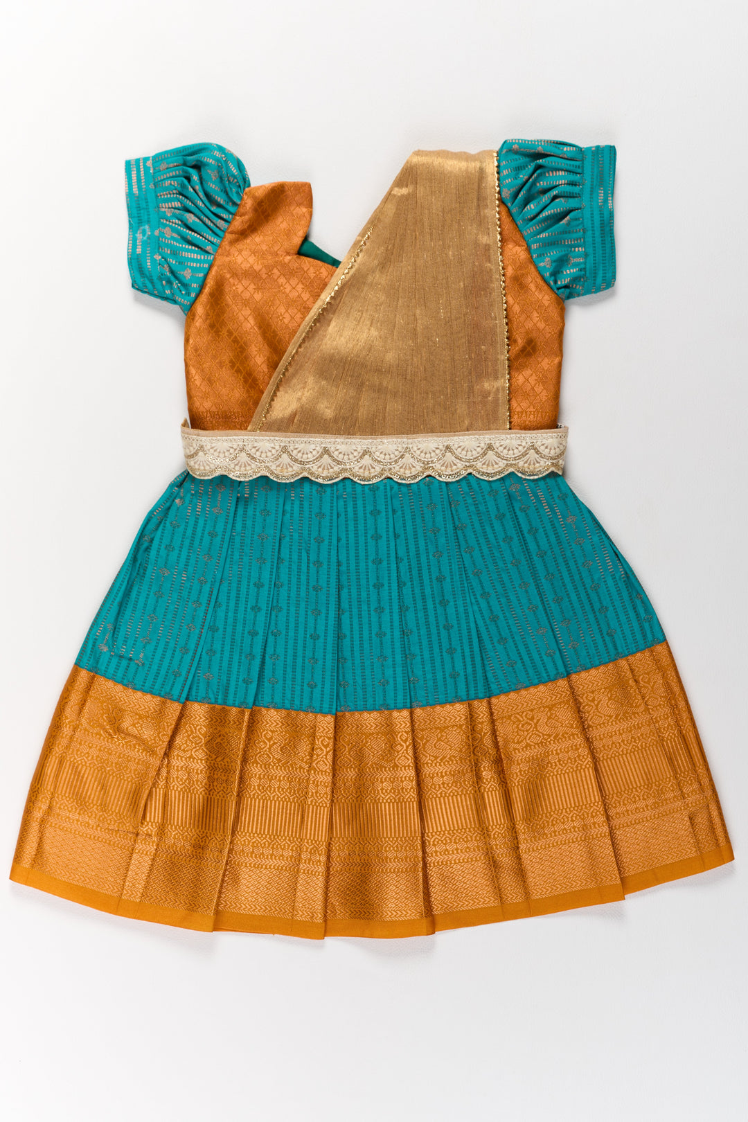 Traditional Green and Gold Pattu Pavadai for Girls with Intricate Zari Borders