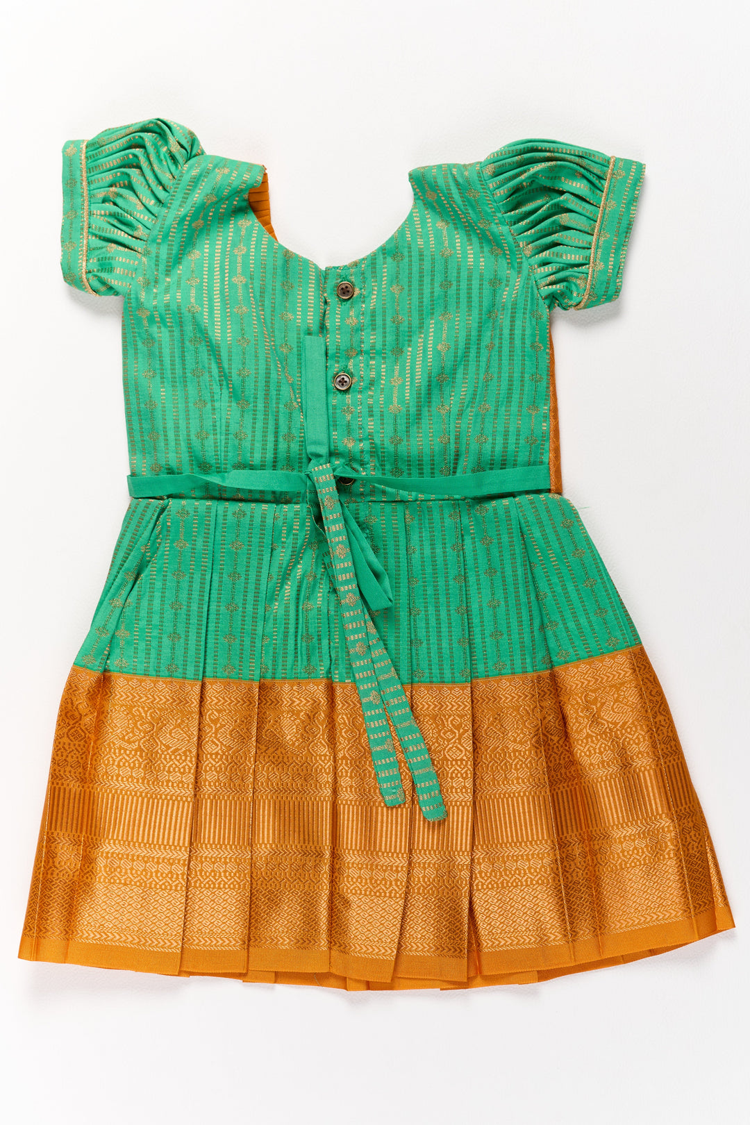 Elegant Green and Gold Pattu Full Frock for Girls with Traditional Zari Weaving