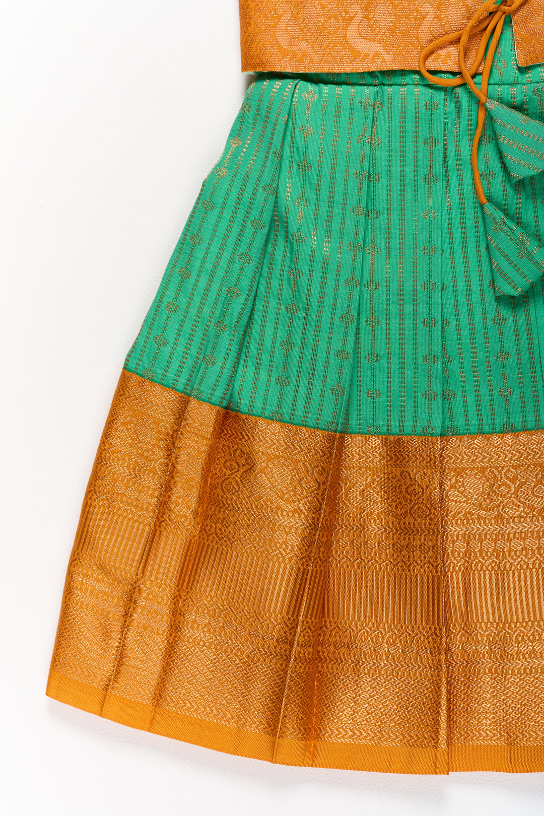 Elegant Green and Gold Pattu Full Frock for Girls with Traditional Zari Weaving