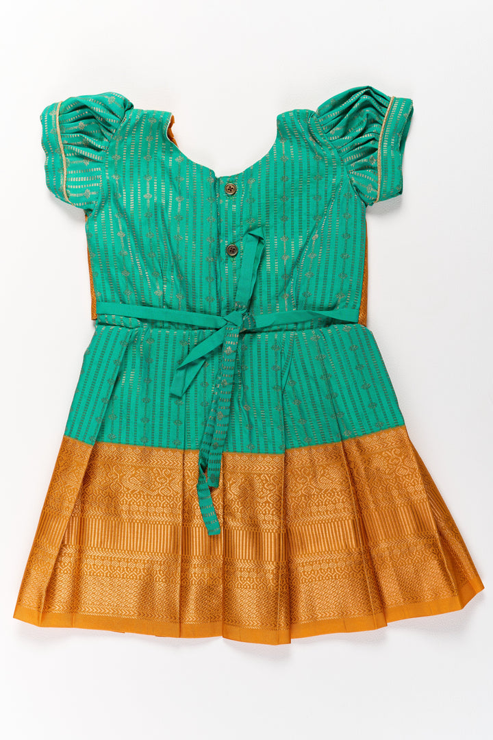 Elegant Green and Gold Pattu Full Frock for Girls with Traditional Zari Weaving