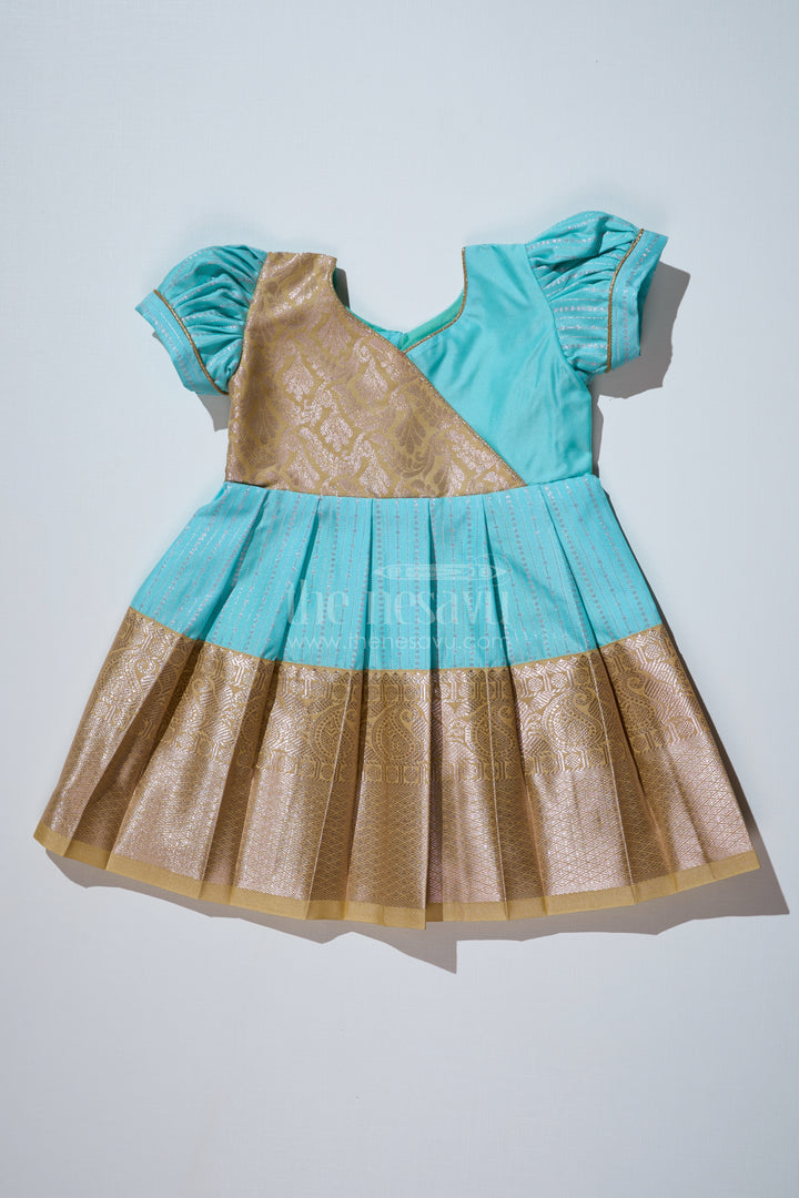 Elegant Sky Blue Frock for Girls with Kanchipuram Inspired Silk and Gold Zari Pleated Border