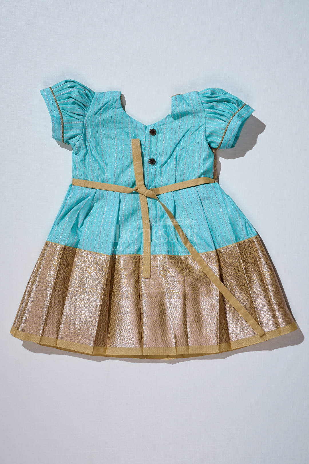 Elegant Sky Blue Frock for Girls with Kanchipuram Inspired Silk and Gold Zari Pleated Border