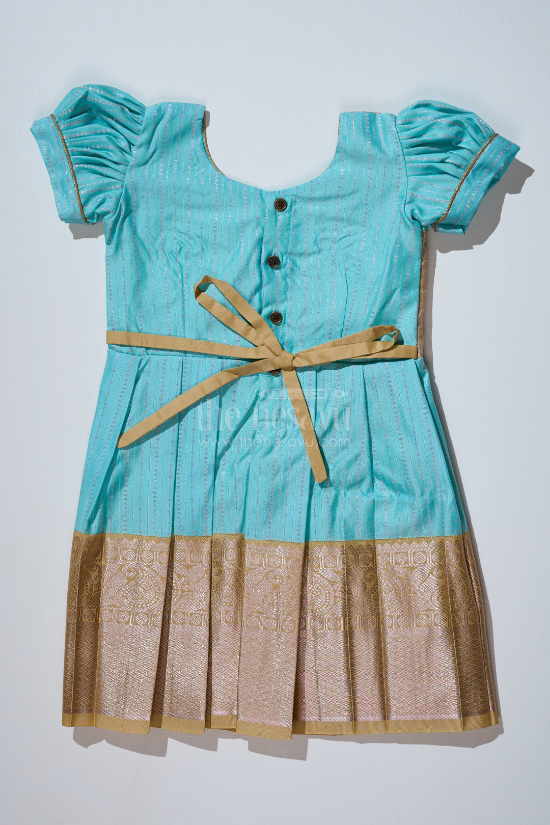 Elegant Sky Blue Frock for Girls with Kanchipuram Inspired Silk and Gold Zari Pleated Border