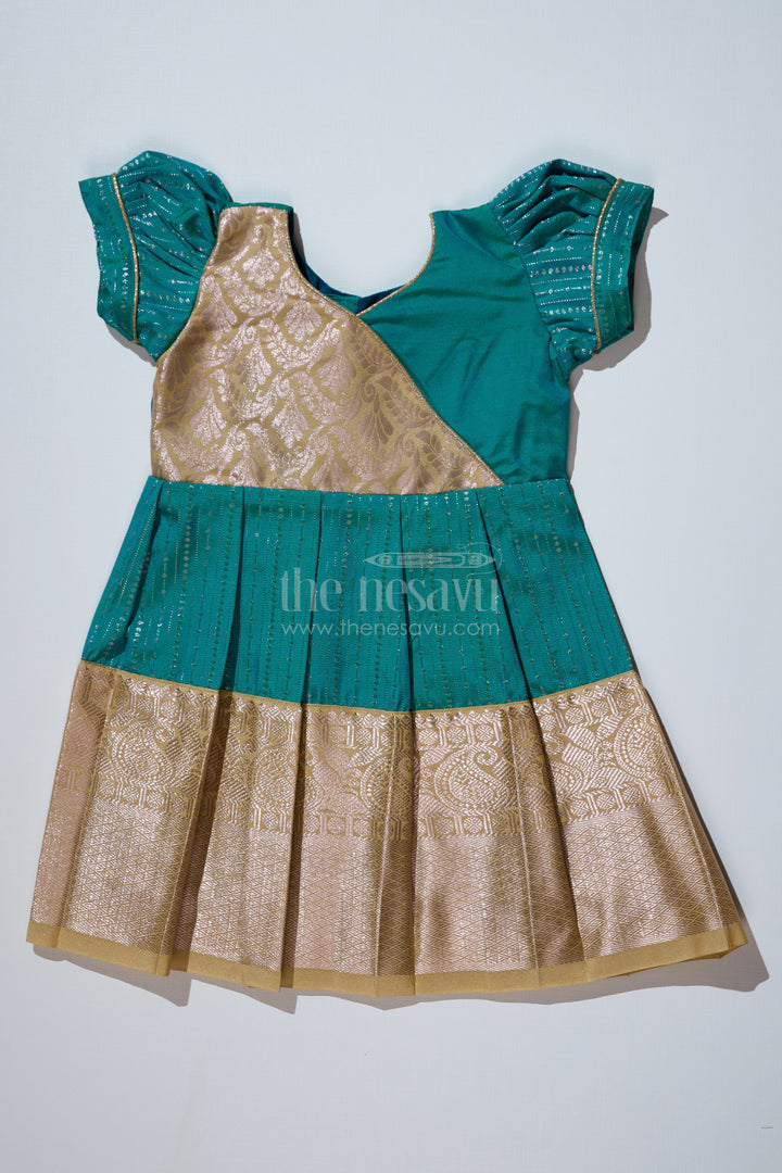 Traditional Dark Green Silk Dress for Girls with Kanchipuram Inspired Fabric and Gold Zari Border