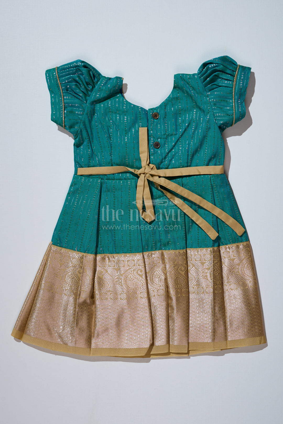 Traditional Dark Green Silk Dress for Girls with Kanchipuram Inspired Fabric and Gold Zari Border