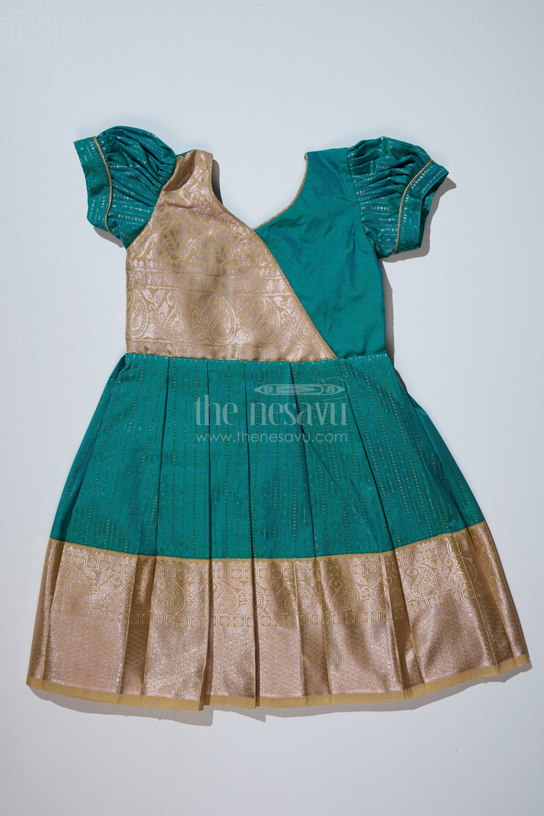 Traditional Dark Green Silk Dress for Girls with Kanchipuram Inspired Fabric and Gold Zari Border