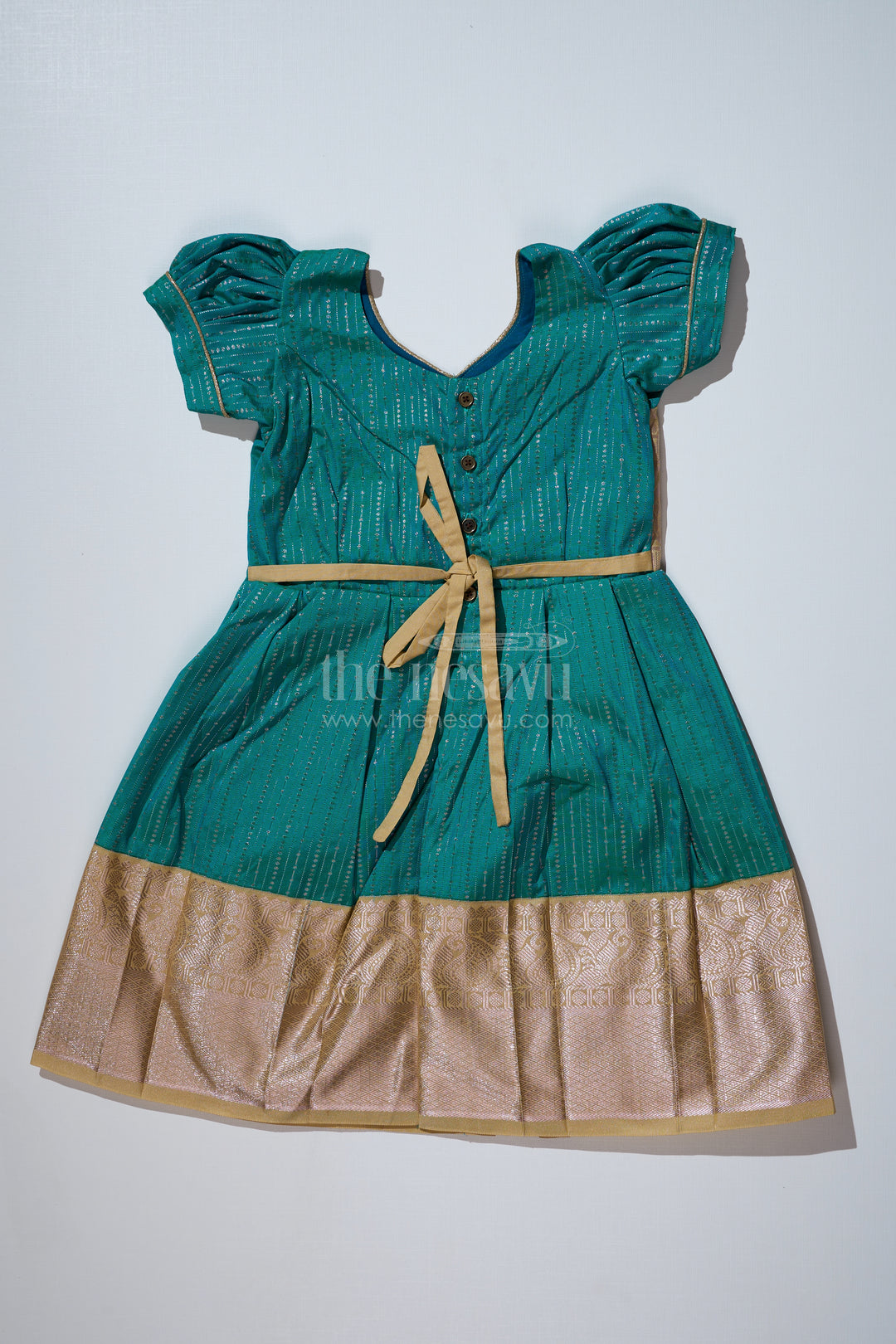 Traditional Dark Green Silk Dress for Girls with Kanchipuram Inspired Fabric and Gold Zari Border