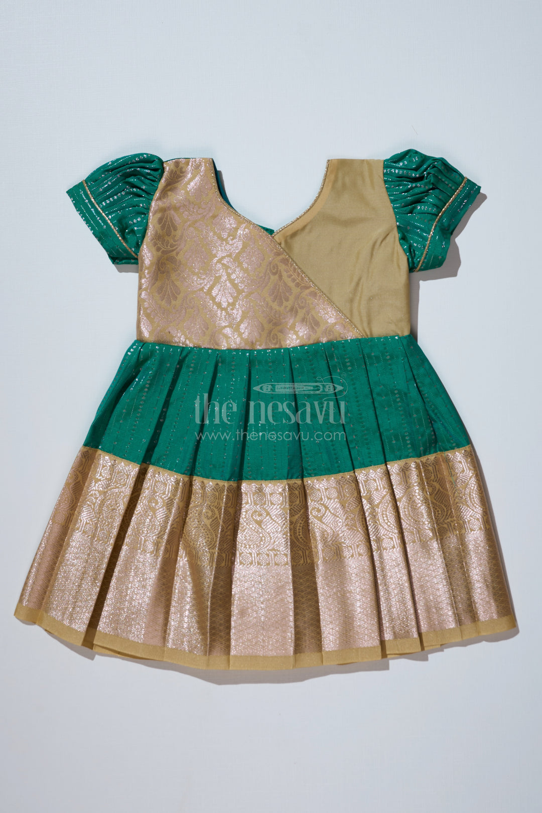 Graceful Green Silk Dress for Girls with Kanchipuram Inspired Fabric and Gold Zari Pleated Border