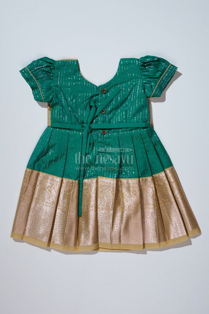 Graceful Green Silk Dress for Girls with Kanchipuram Inspired Fabric and Gold Zari Pleated Border