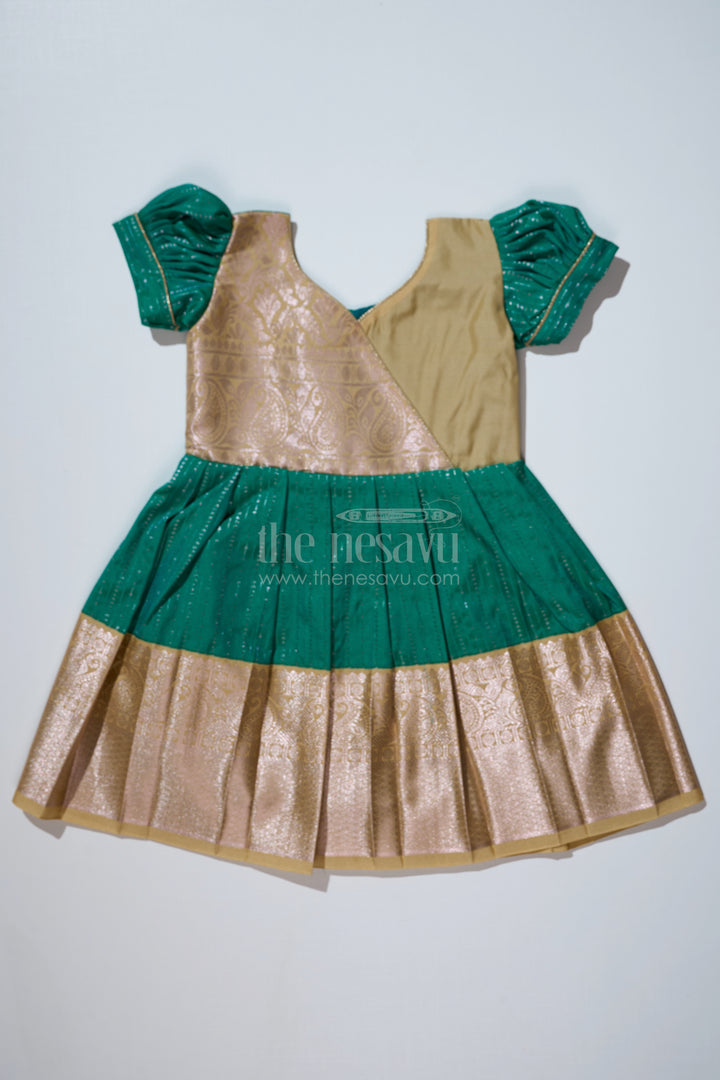 Graceful Green Silk Dress for Girls with Kanchipuram Inspired Fabric and Gold Zari Pleated Border