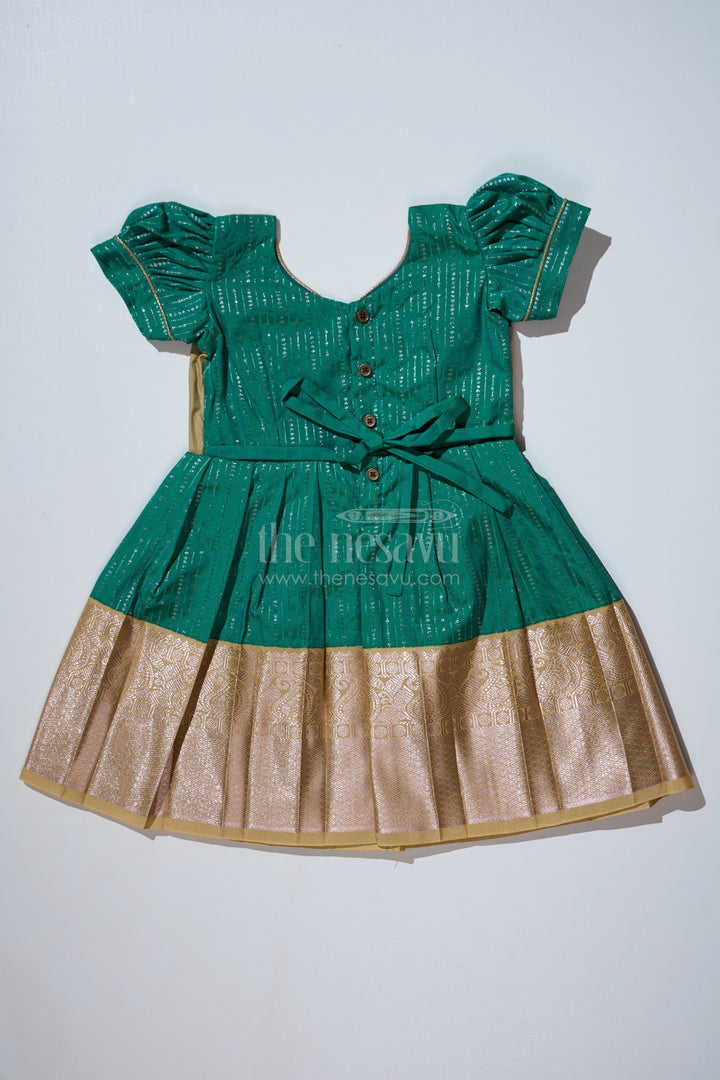 Graceful Green Silk Dress for Girls with Kanchipuram Inspired Fabric and Gold Zari Pleated Border