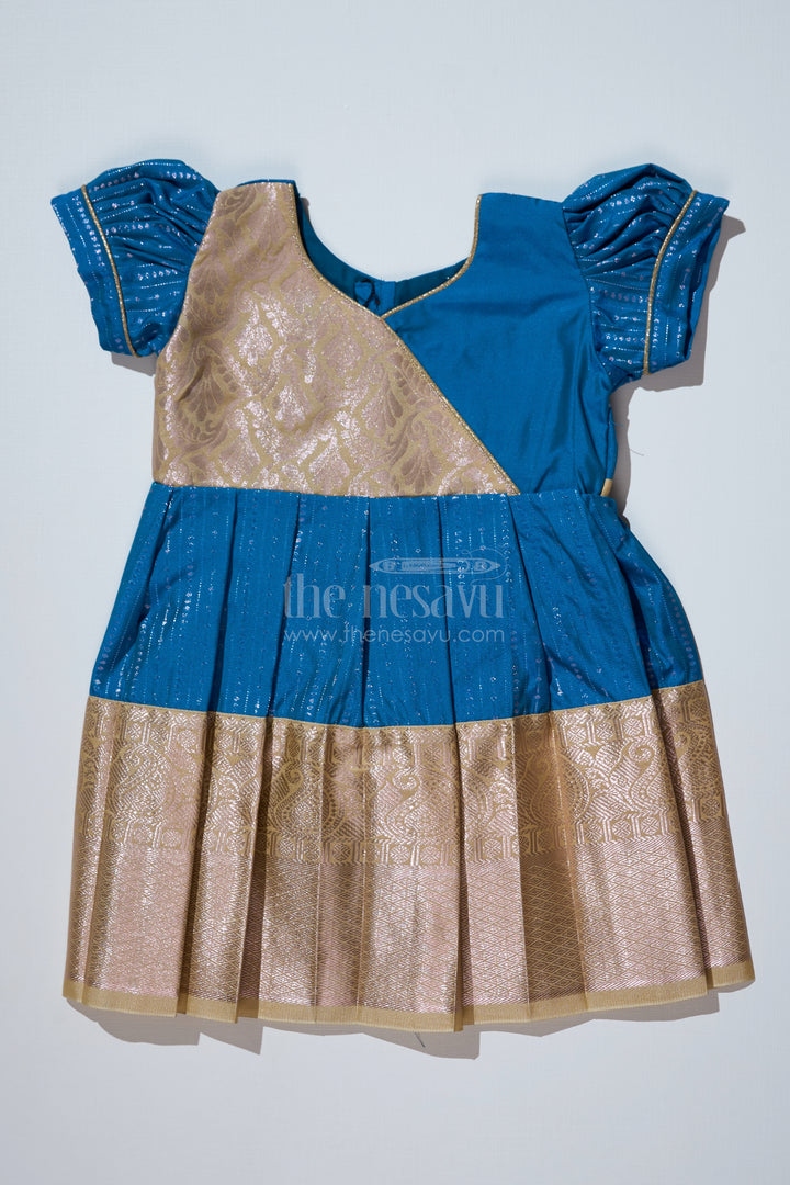 Elegant Teal Silk Dress for Girls with Kanchipuram Inspired Fabric and Gold Zari Pleated Border