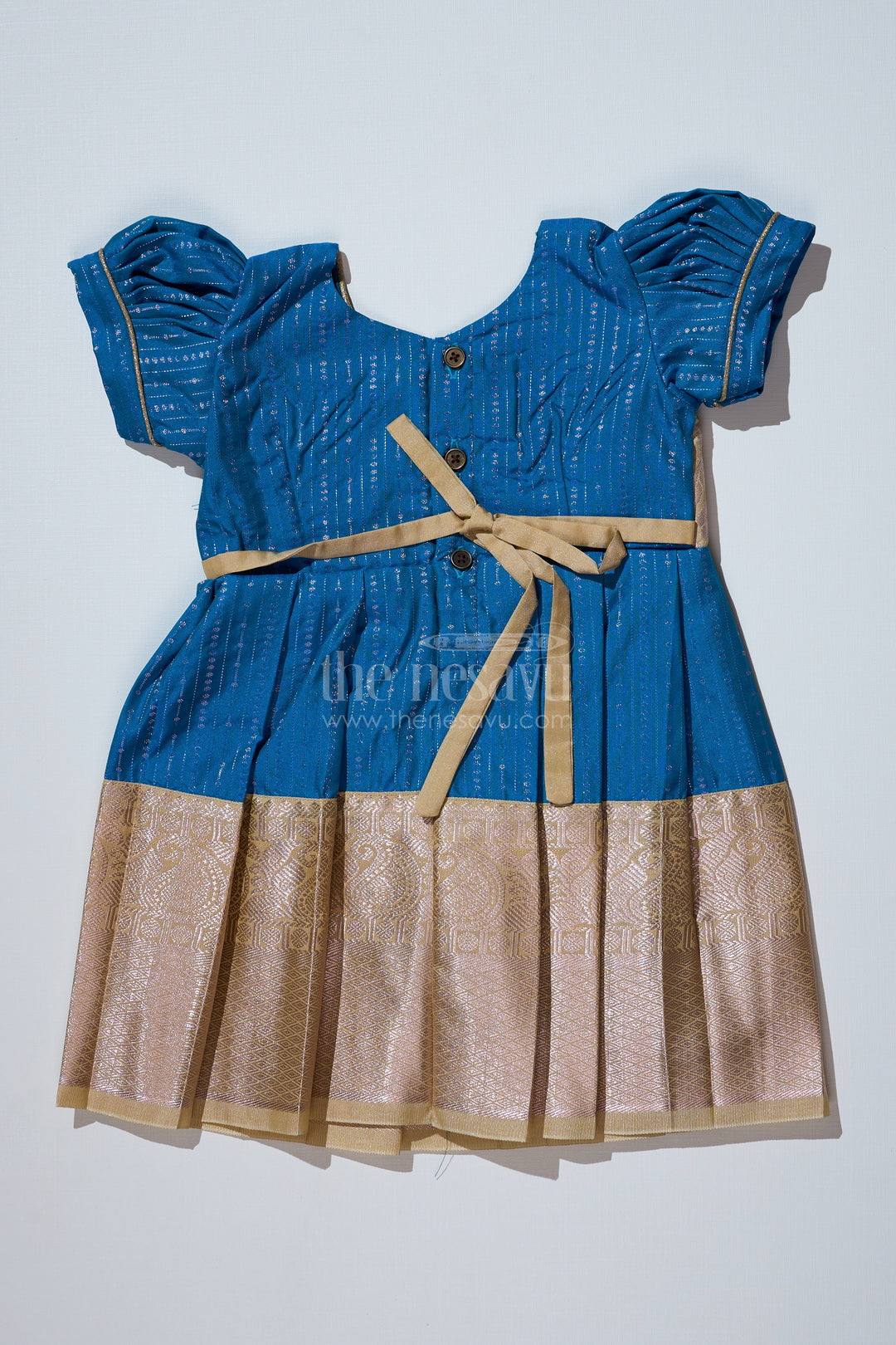 Elegant Teal Silk Dress for Girls with Kanchipuram Inspired Fabric and Gold Zari Pleated Border