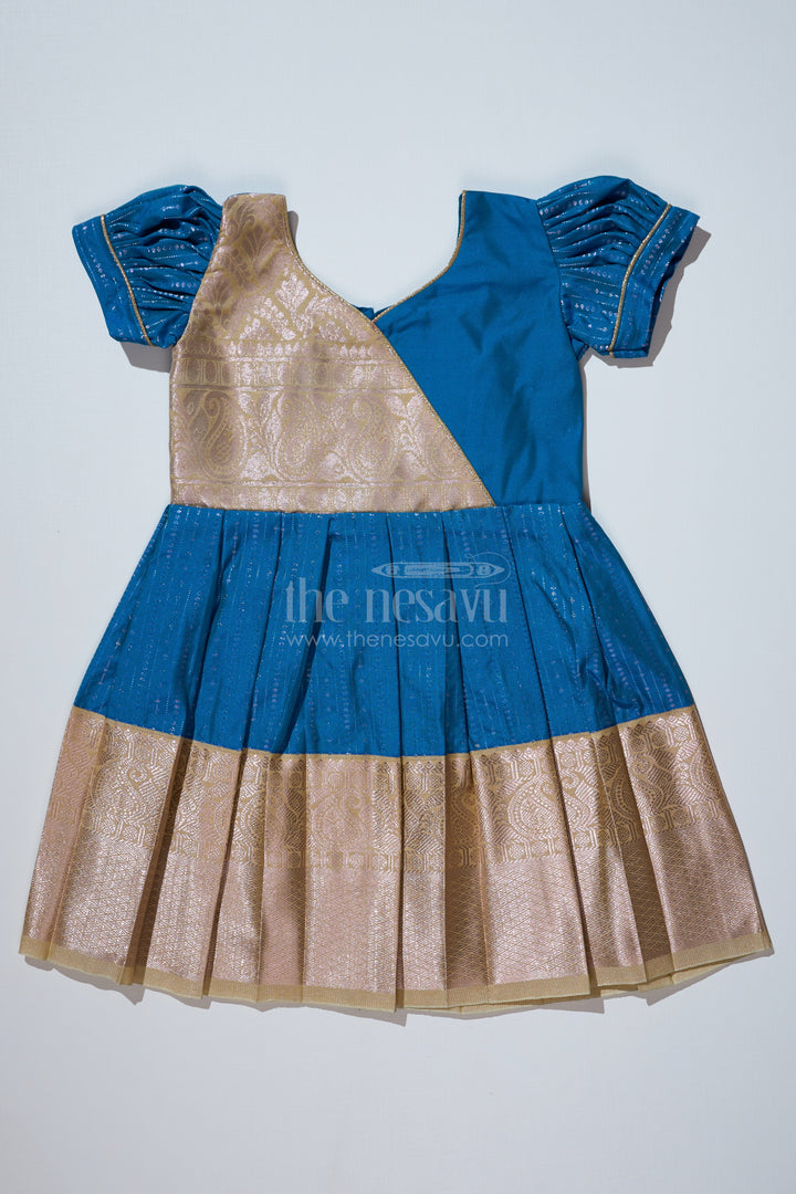 Elegant Teal Silk Dress for Girls with Kanchipuram Inspired Fabric and Gold Zari Pleated Border