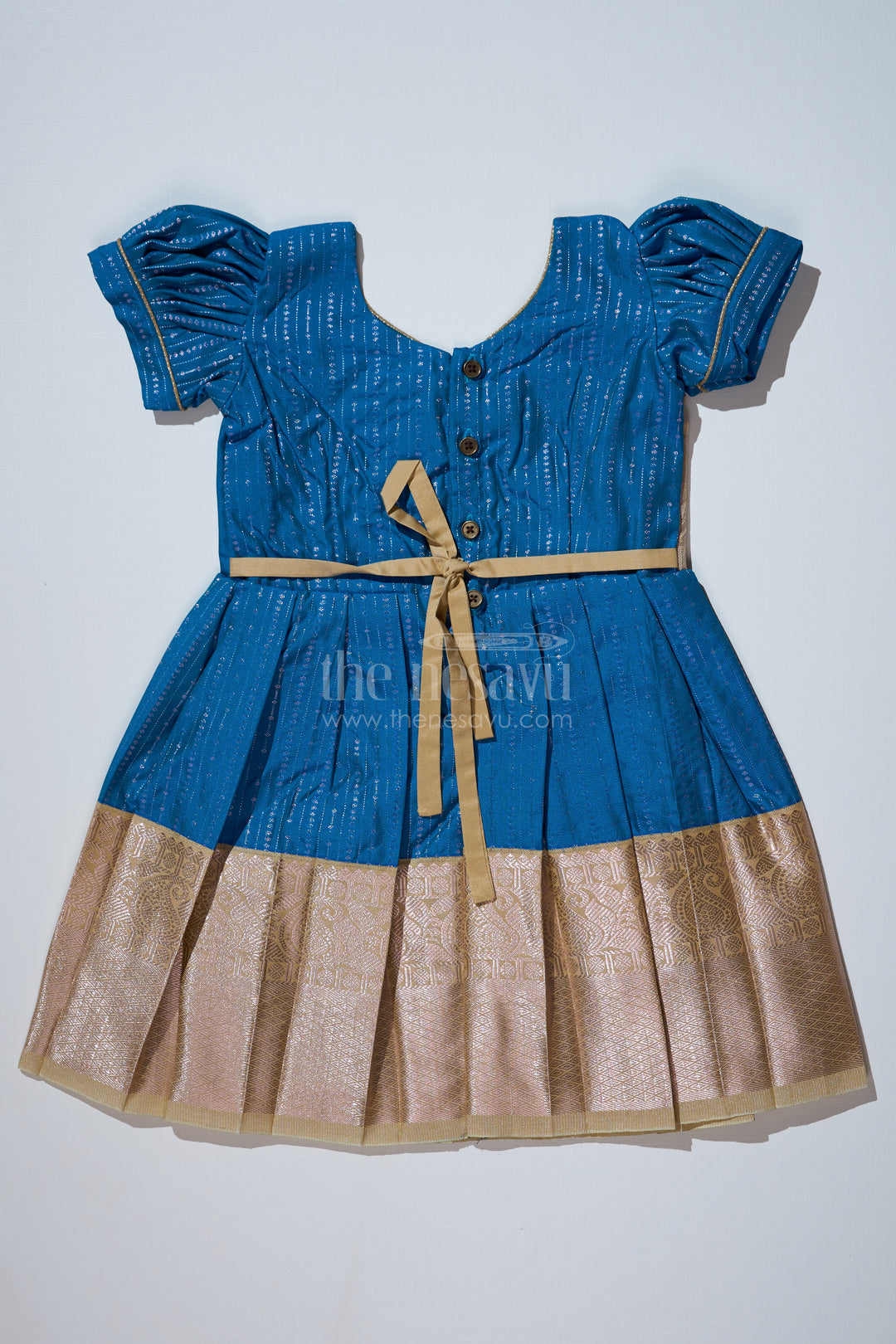 Elegant Teal Silk Dress for Girls with Kanchipuram Inspired Fabric and Gold Zari Pleated Border