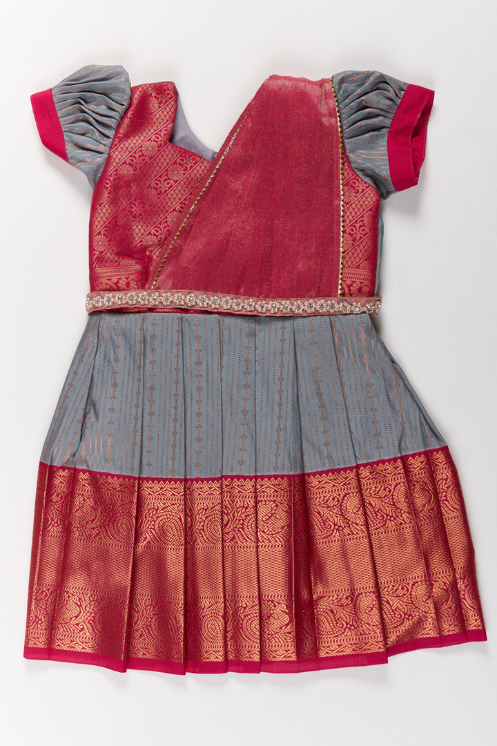 Traditional Gray and Red Pattu Pavadai for Girls with Silk Zari Weaving