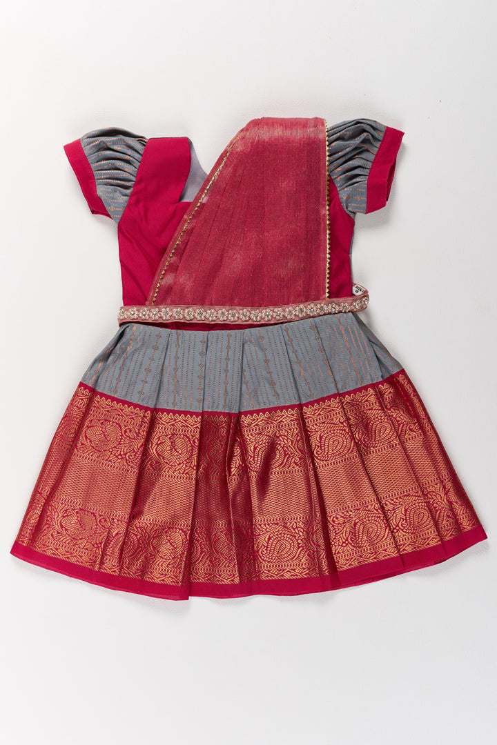 Traditional Gray and Red Pattu Pavadai for Girls with Silk Zari Weaving