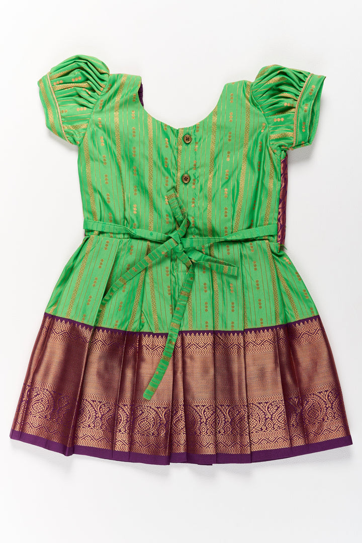 Vibrant Green and Maroon Pattu Pavadai Set for Girls with Traditional Zari Borders