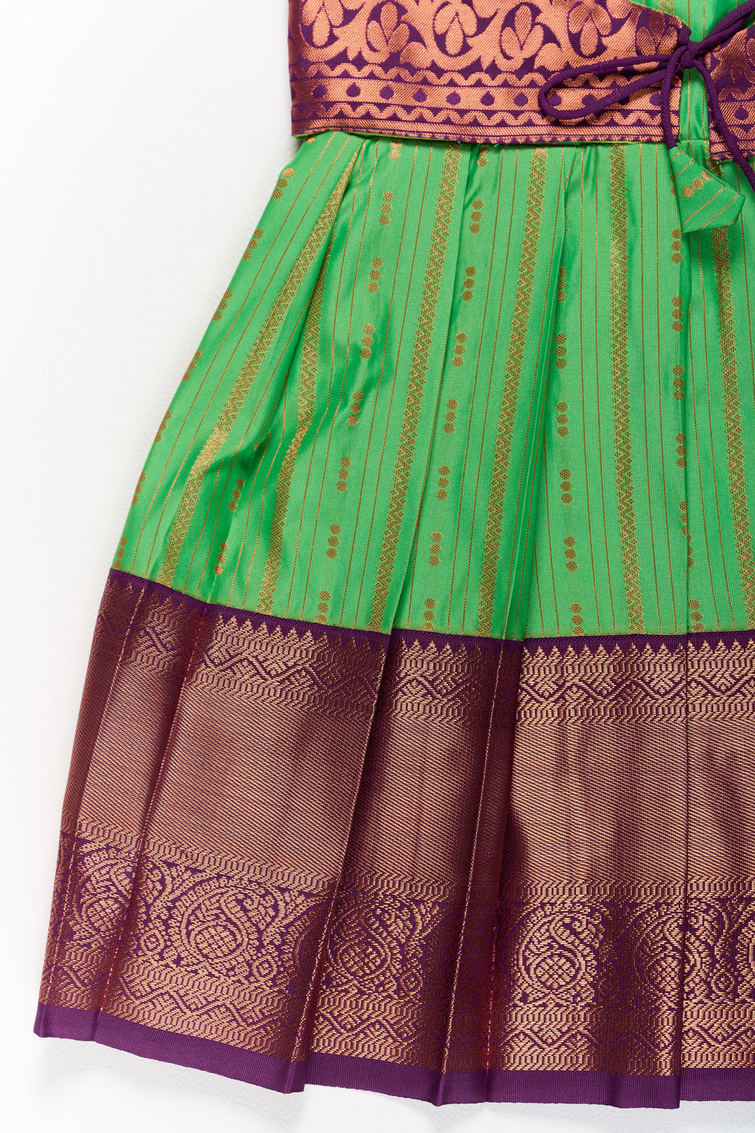 Vibrant Green and Maroon Pattu Pavadai Set for Girls with Traditional Zari Borders