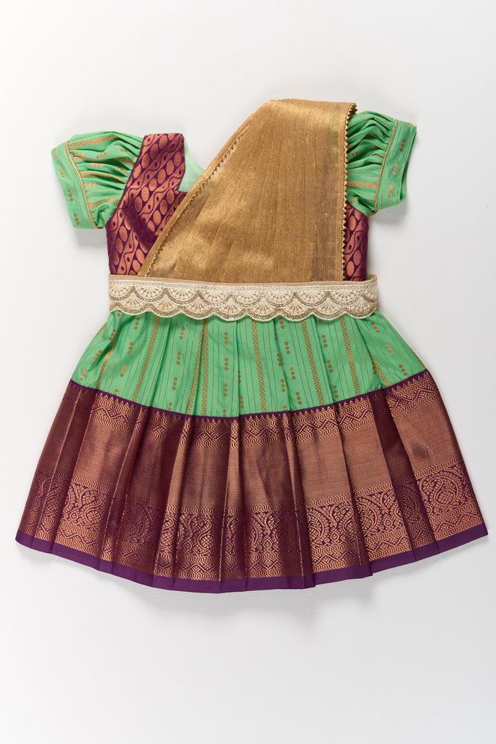 Traditional Green and Maroon Pattu Pavadai for Girls with Golden Zari Borders