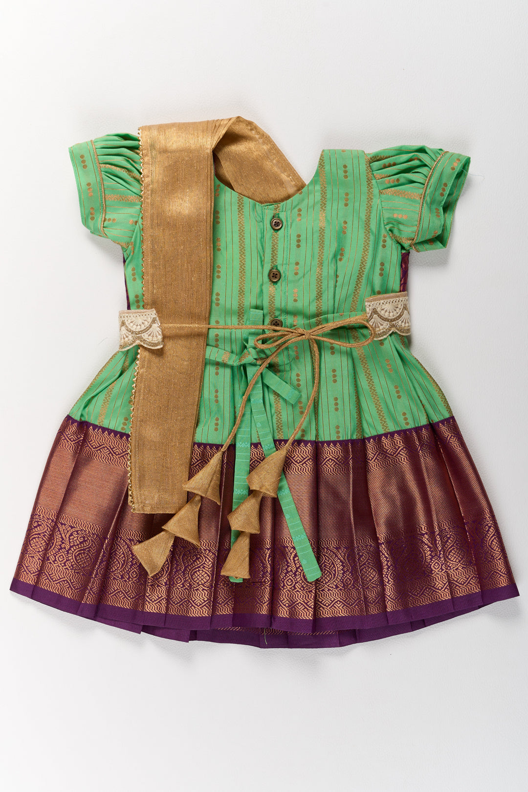 Traditional Green and Maroon Pattu Pavadai for Girls with Golden Zari Borders