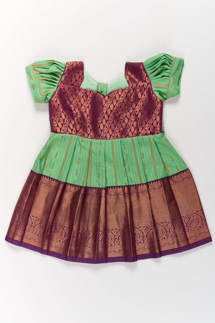 Traditional Green and Maroon Pattu Pavadai for Girls with Golden Zari Borders