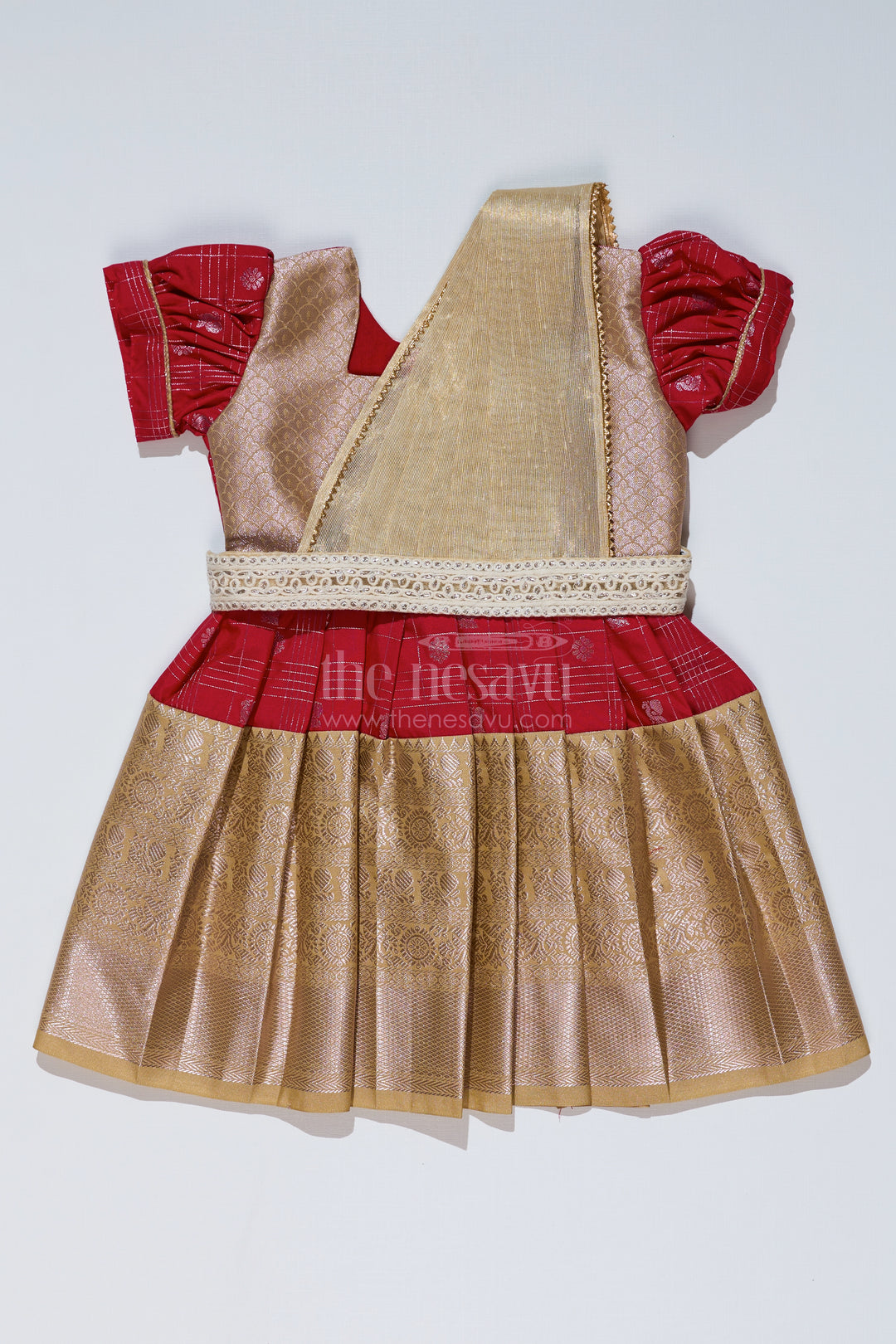 Girls Red Pattu Pavadai with Golden Zari Border and Pleated Design Available Online