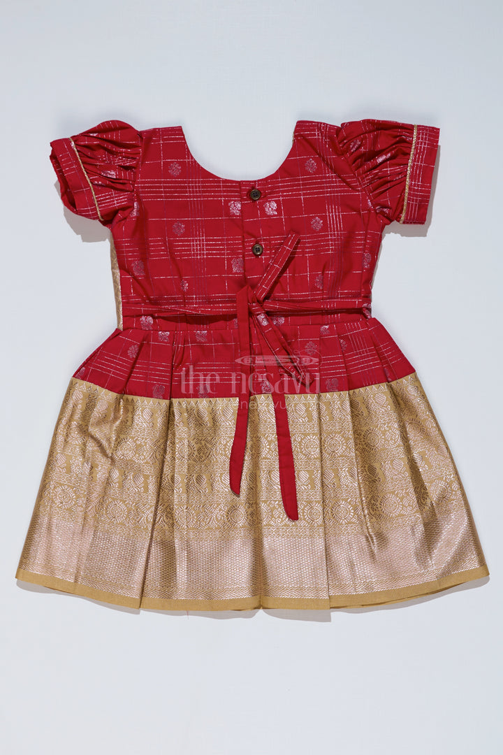 Girls Red Pattu Pavadai with Golden Zari Border and Pleated Design Available Online