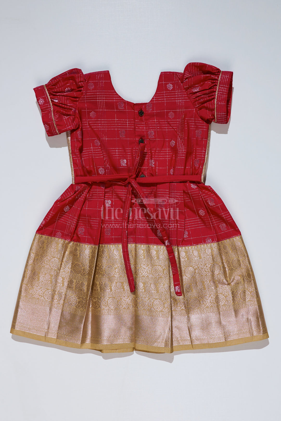 Girls Red Pattu Pavadai with Golden Zari Border and Pleated Design Available Online