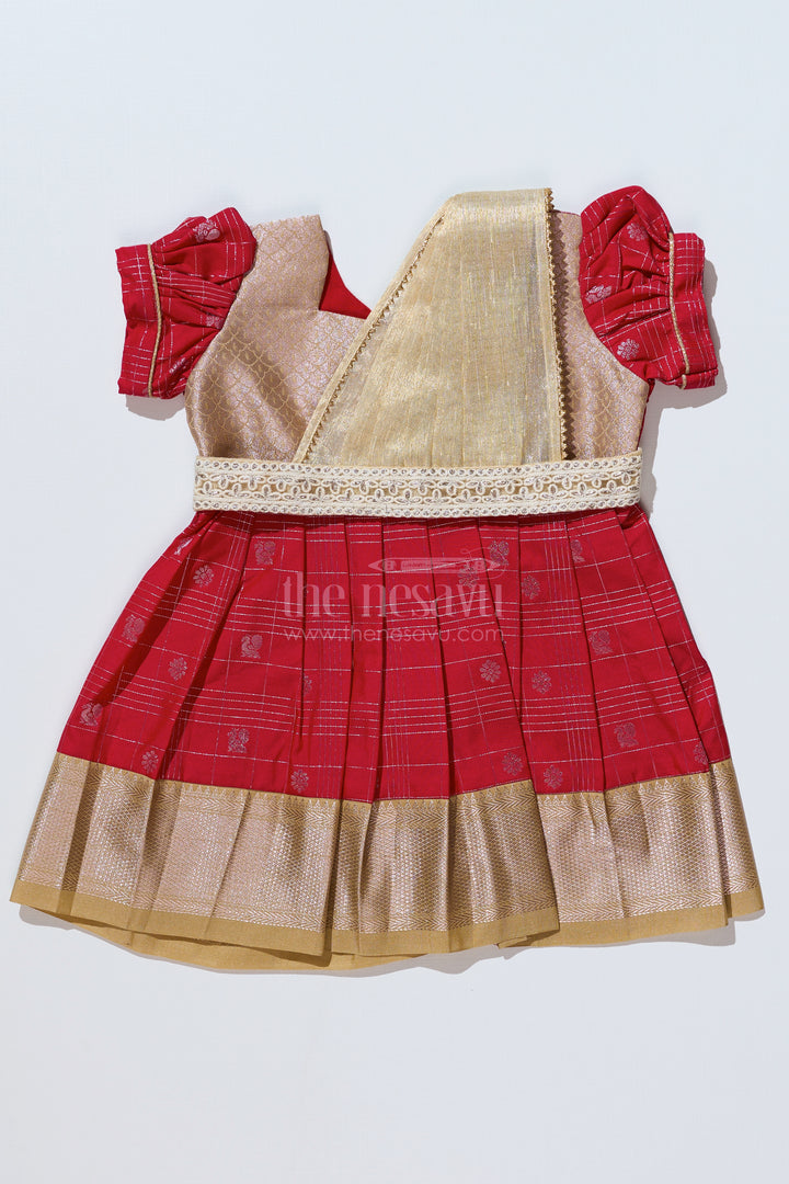 Girls Red Pattu Pavadai with Golden Zari Border and Pleated Design Available Online