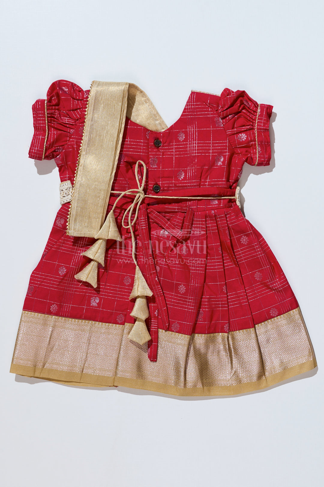 Girls Red Pattu Pavadai with Golden Zari Border and Pleated Design Available Online