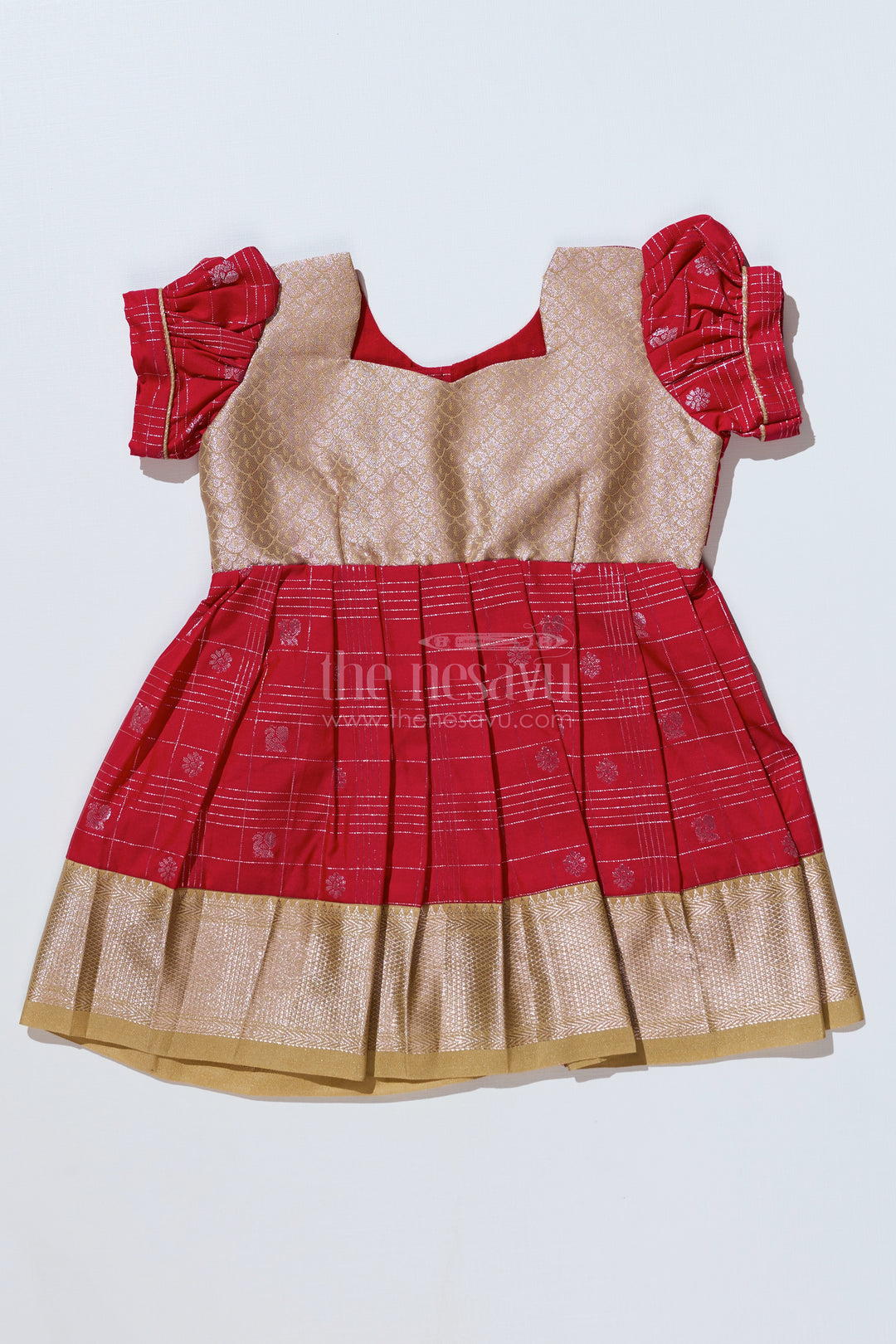 Girls Red Pattu Pavadai with Golden Zari Border and Pleated Design Available Online