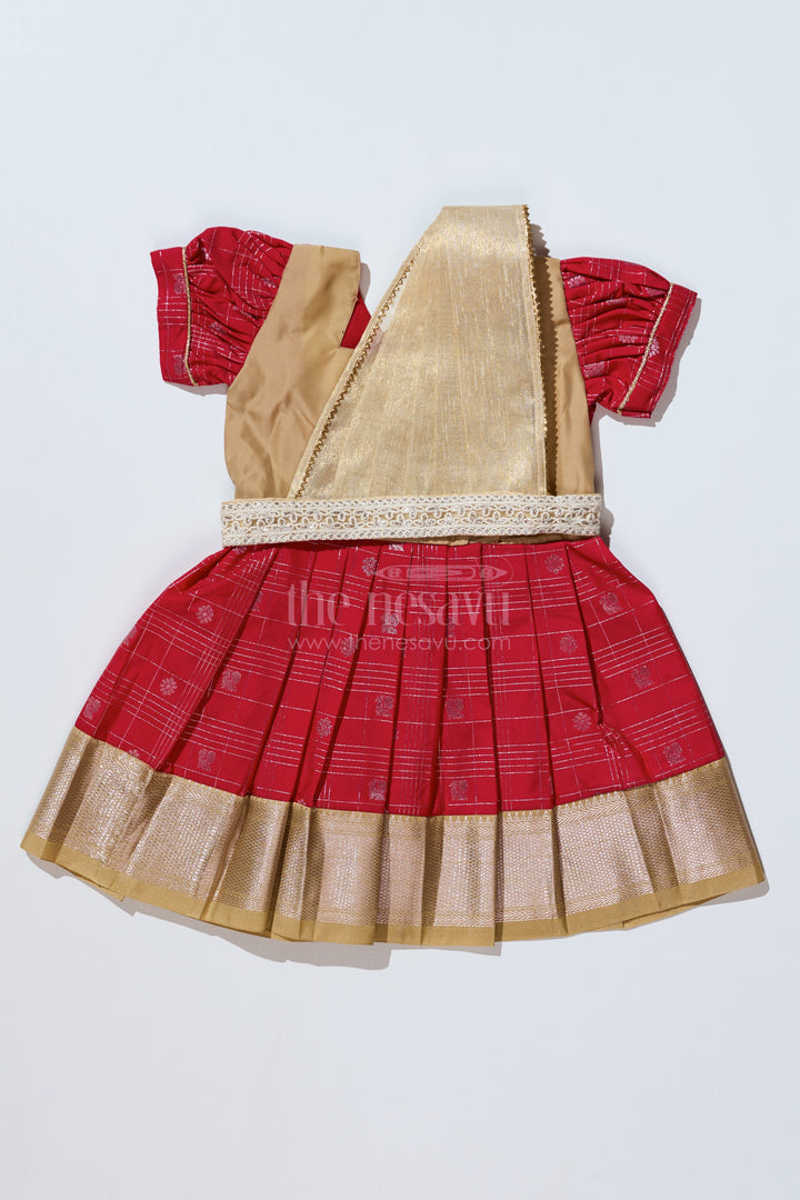 Girls Red Pattu Pavadai with Golden Zari Border and Pleated Design Available Online