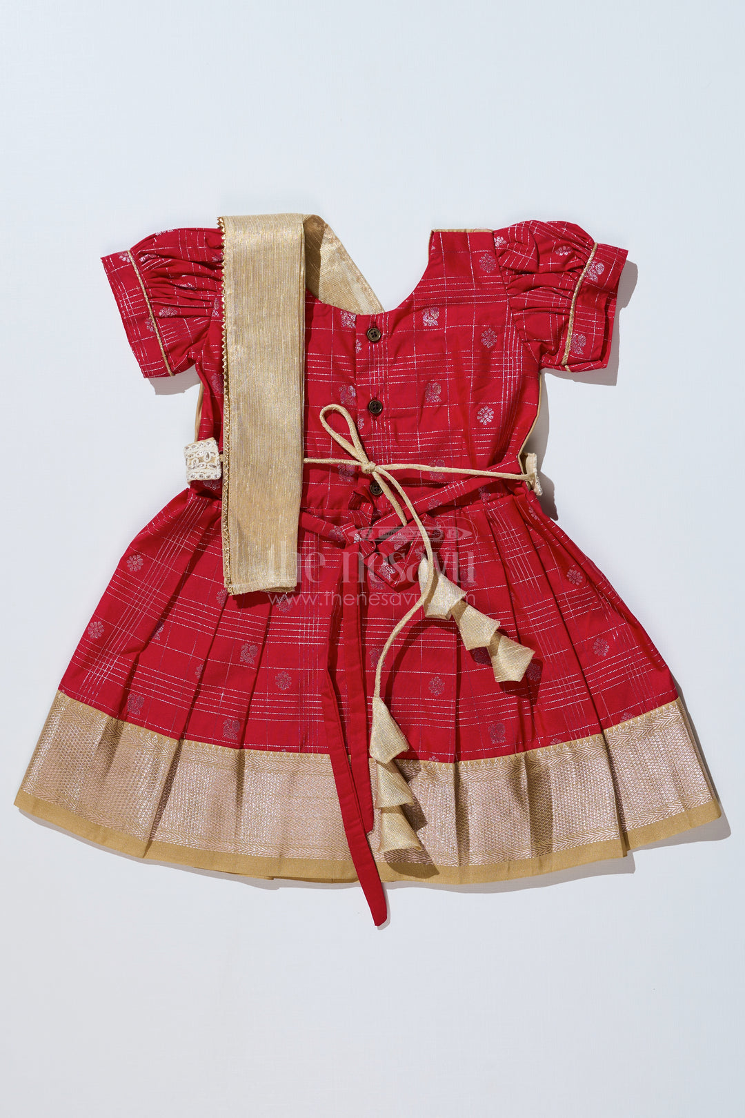 Girls Red Pattu Pavadai with Golden Zari Border and Pleated Design Available Online