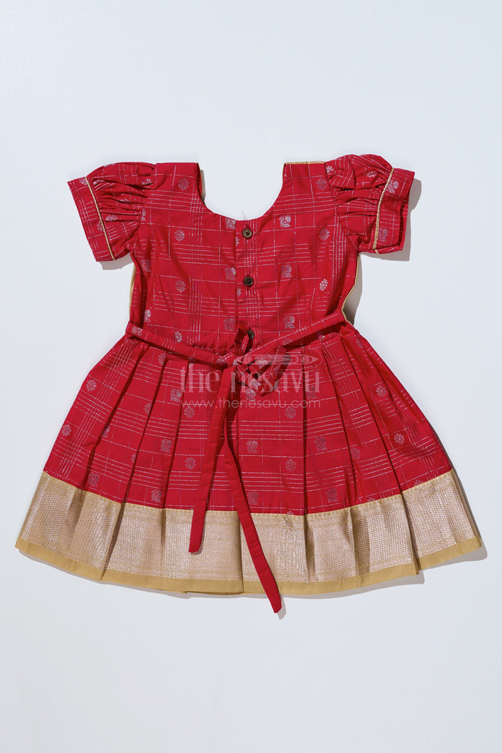 Girls Red Pattu Pavadai with Golden Zari Border and Pleated Design Available Online