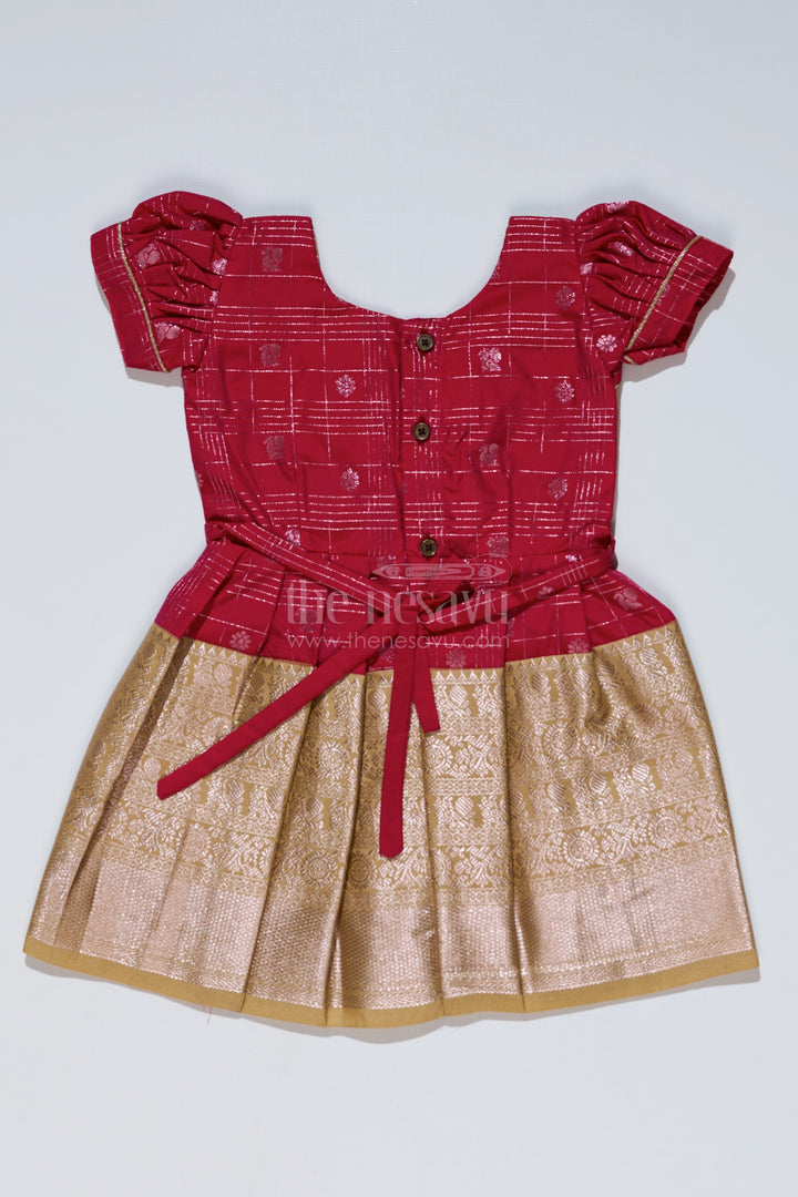 Girls Red and Gold Pattu Pavadai with Zari Embellished Pleated Skirt for Online Shopping