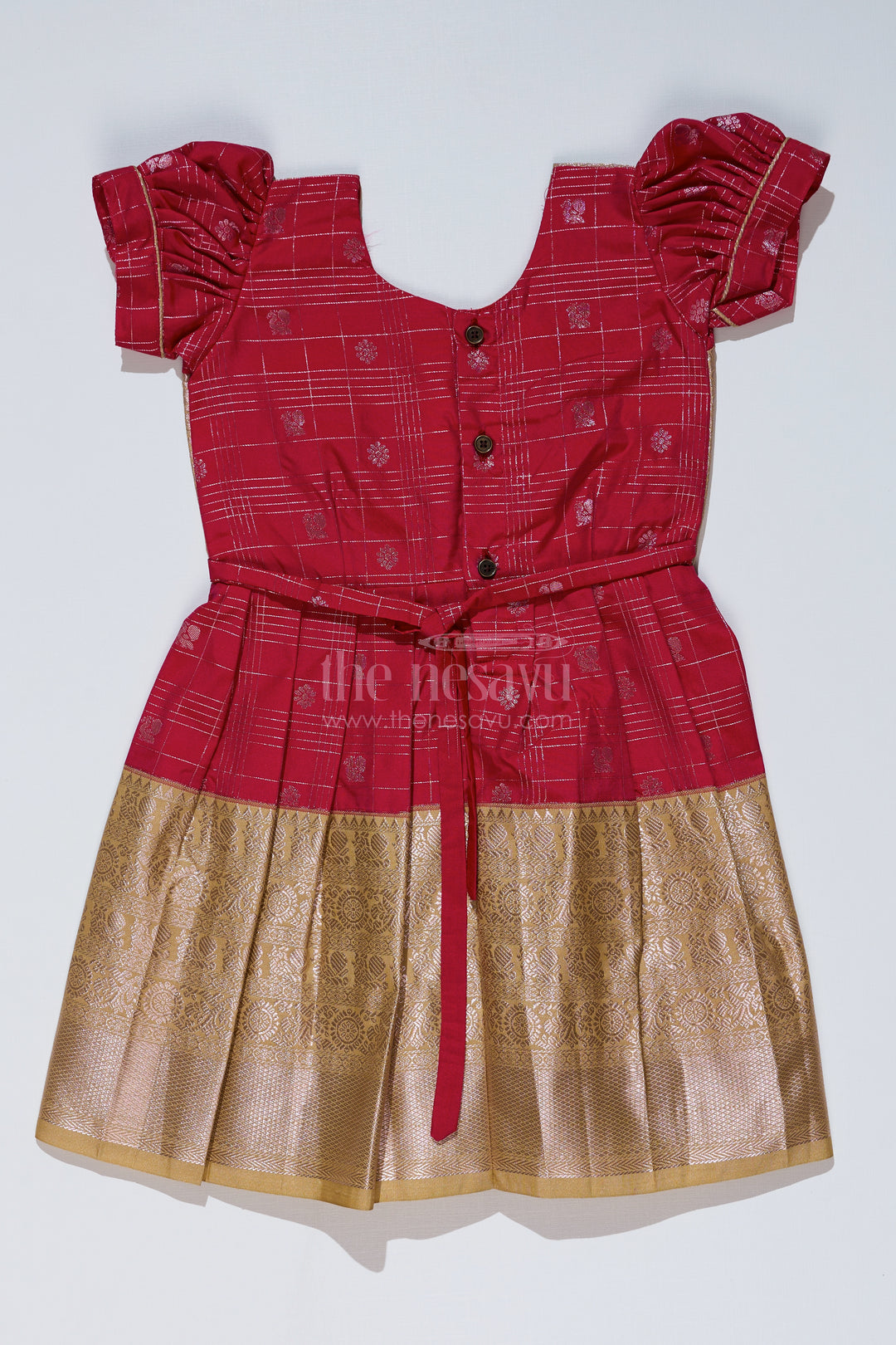 Girls Red and Gold Pattu Pavadai with Zari Embellished Pleated Skirt for Online Shopping