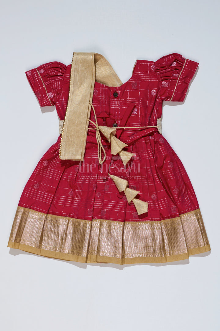 Girls Red and Gold Pattu Pavadai with Zari Embellished Pleated Skirt for Online Shopping