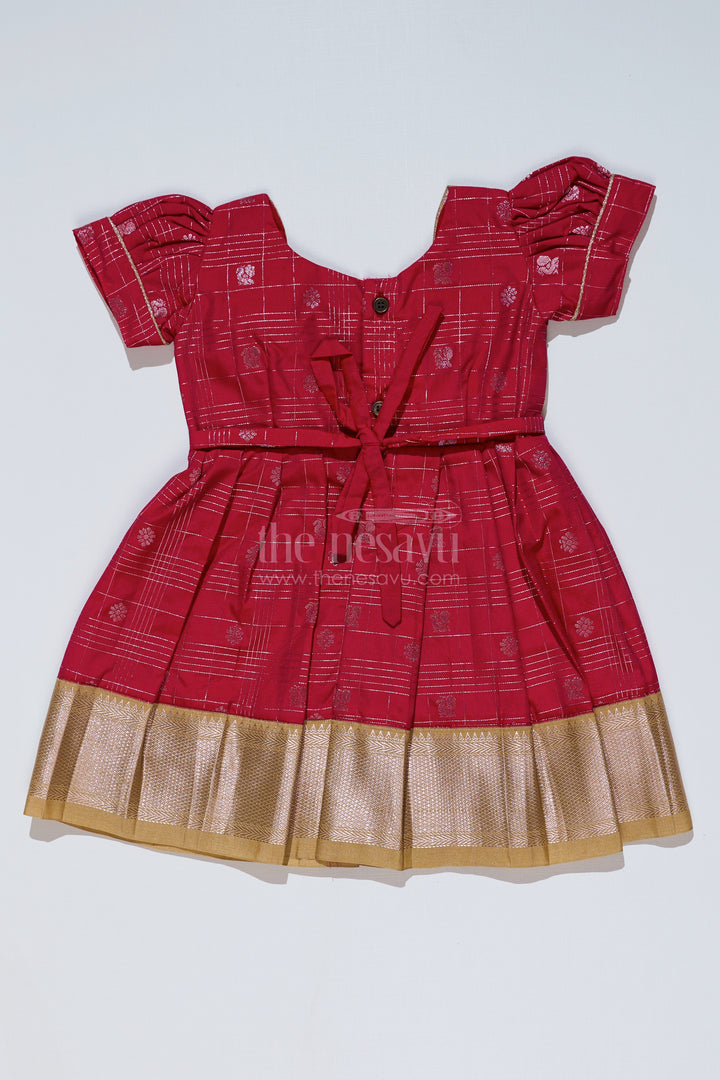 Girls Red and Gold Pattu Pavadai with Zari Embellished Pleated Skirt for Online Shopping