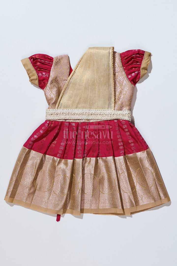 Girls Gold and Red Pattu Pavadai with Intricate Zari Border and Elegant Pleated Design