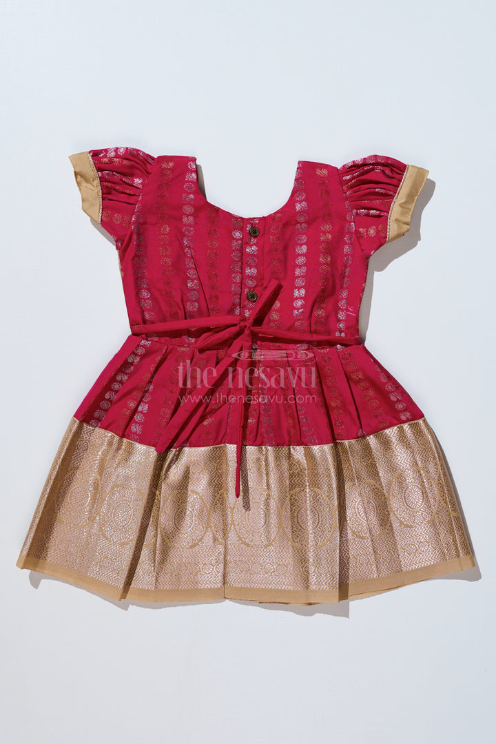 Girls Gold and Red Pattu Pavadai with Intricate Zari Border and Elegant Pleated Design