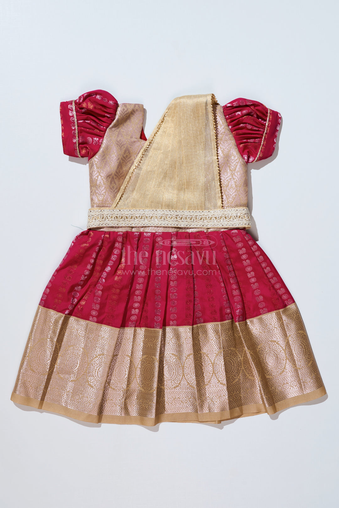 Girls Gold and Red Pattu Pavadai with Intricate Zari Border and Elegant Pleated Design